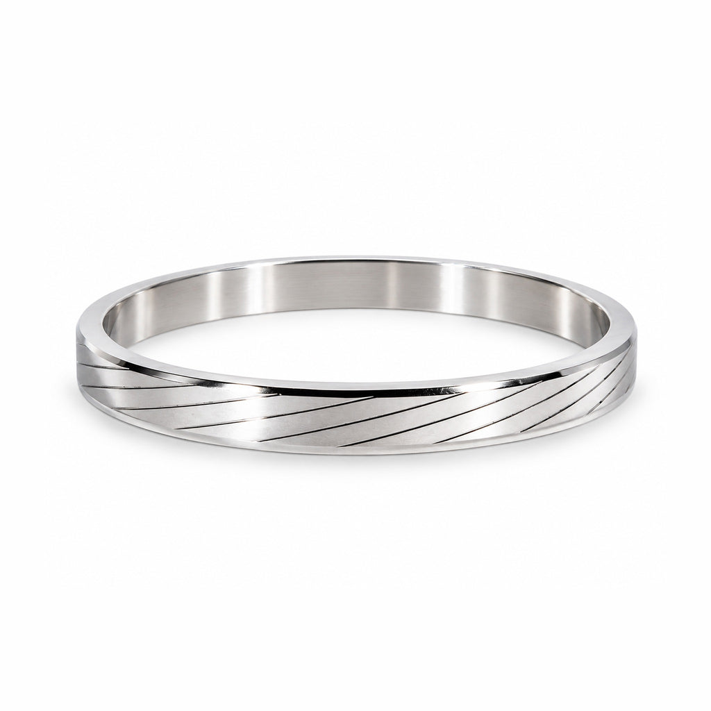 Men’s Silver-Toned Stainless Steel Kada Bracelet with Diagonal Line Design