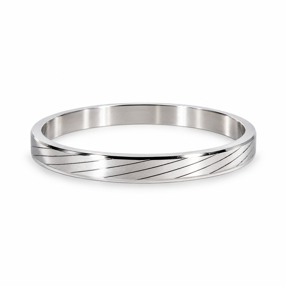 Men’s Silver-Toned Stainless Steel Kada Bracelet with Diagonal Line Design