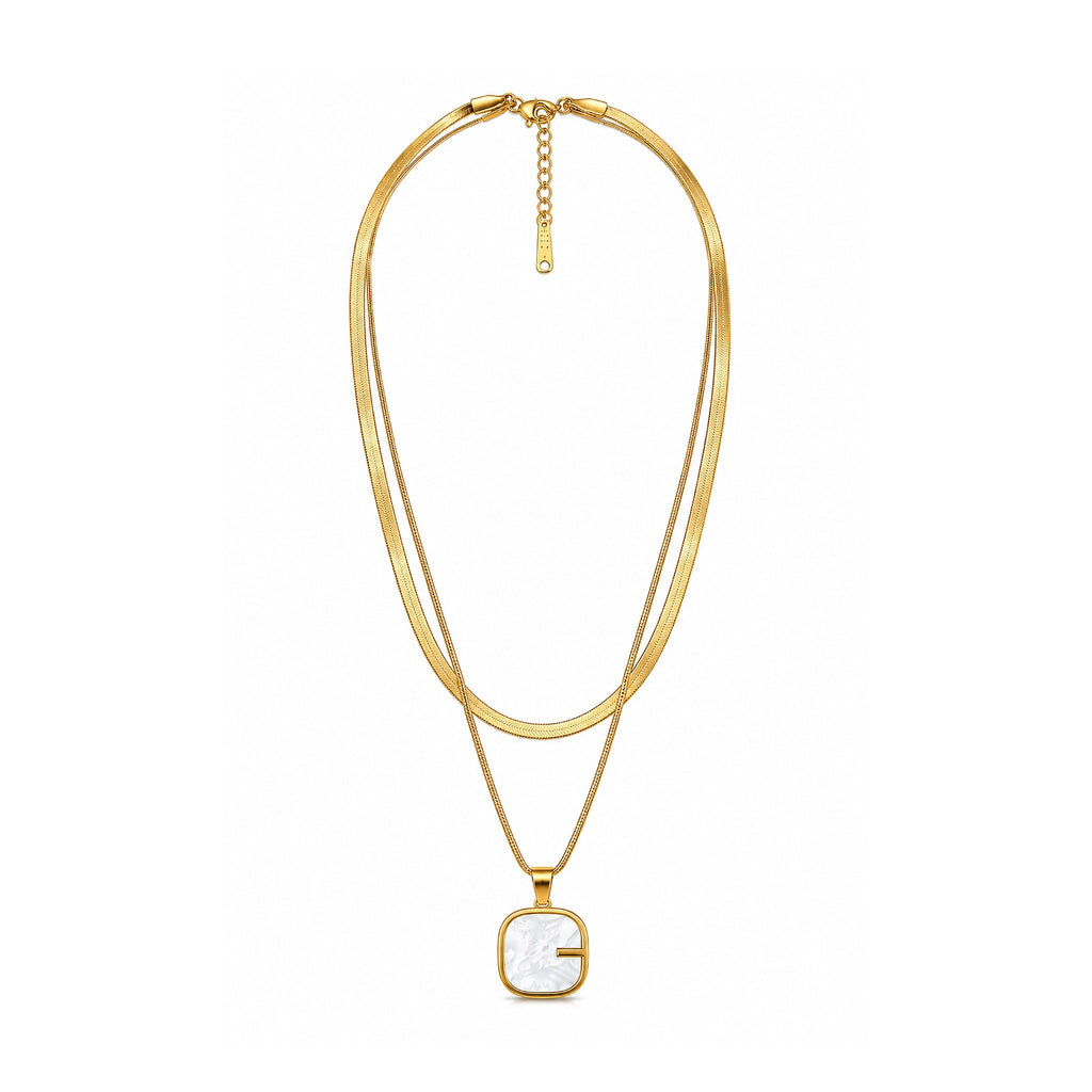 Gold-Toned Layered Chain Necklace with White Square Pendant for Women