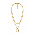 Gold-Toned Layered Chain Necklace with White Square Pendant for Women