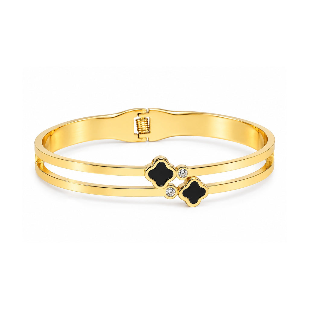 Women’s Gold-Toned Double-Layer Black Clover Charm Kada Bracelet