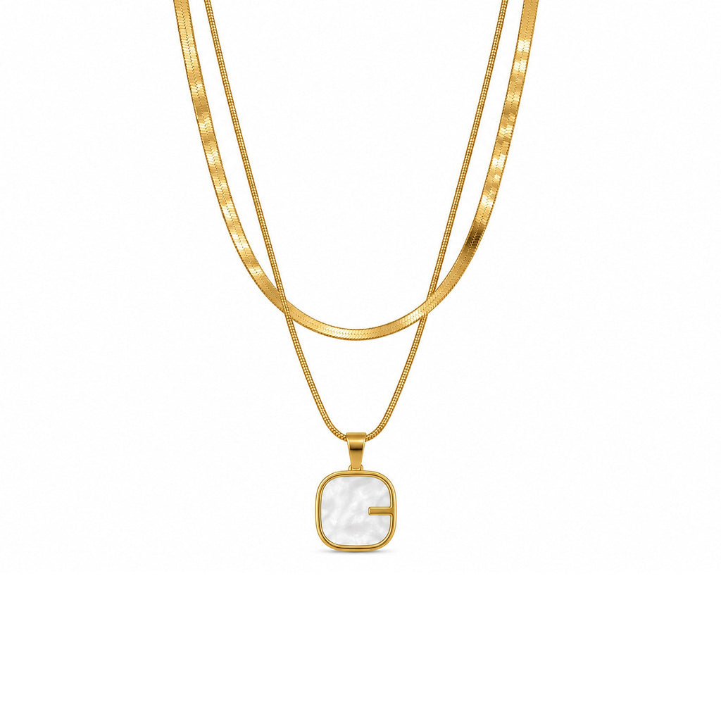Gold-Toned Layered Chain Necklace with White Square Pendant for Women