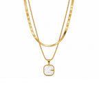 Gold-Toned Layered Chain Necklace with White Square Pendant for Women