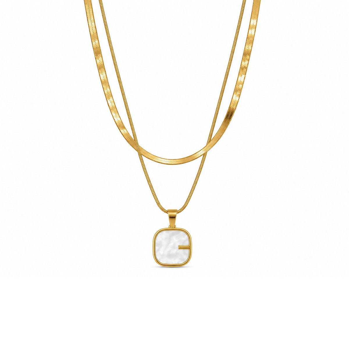 Gold-Toned Layered Chain Necklace with White Square Pendant for Women