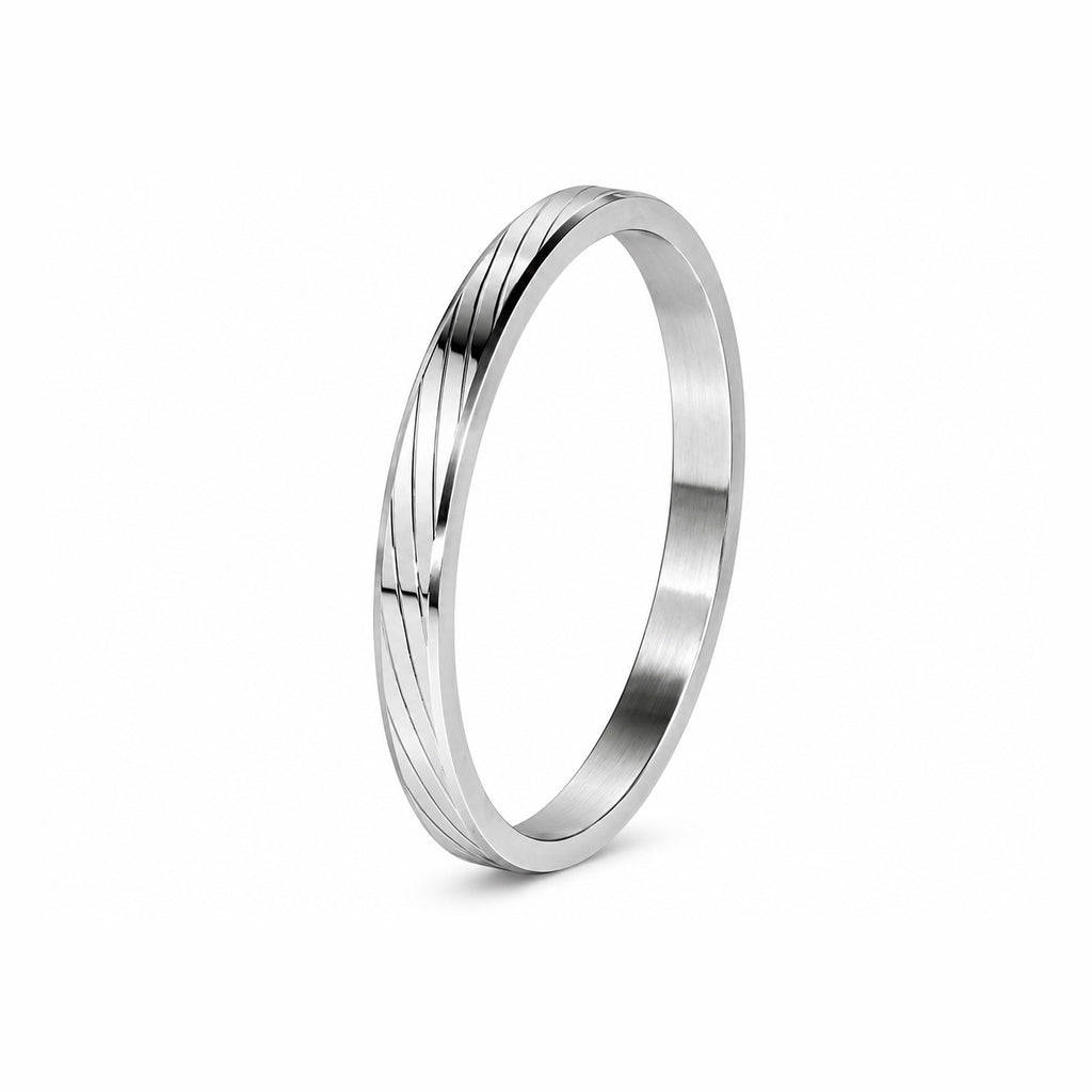 Men’s Silver-Toned Stainless Steel Kada Bracelet with Diagonal Line Design