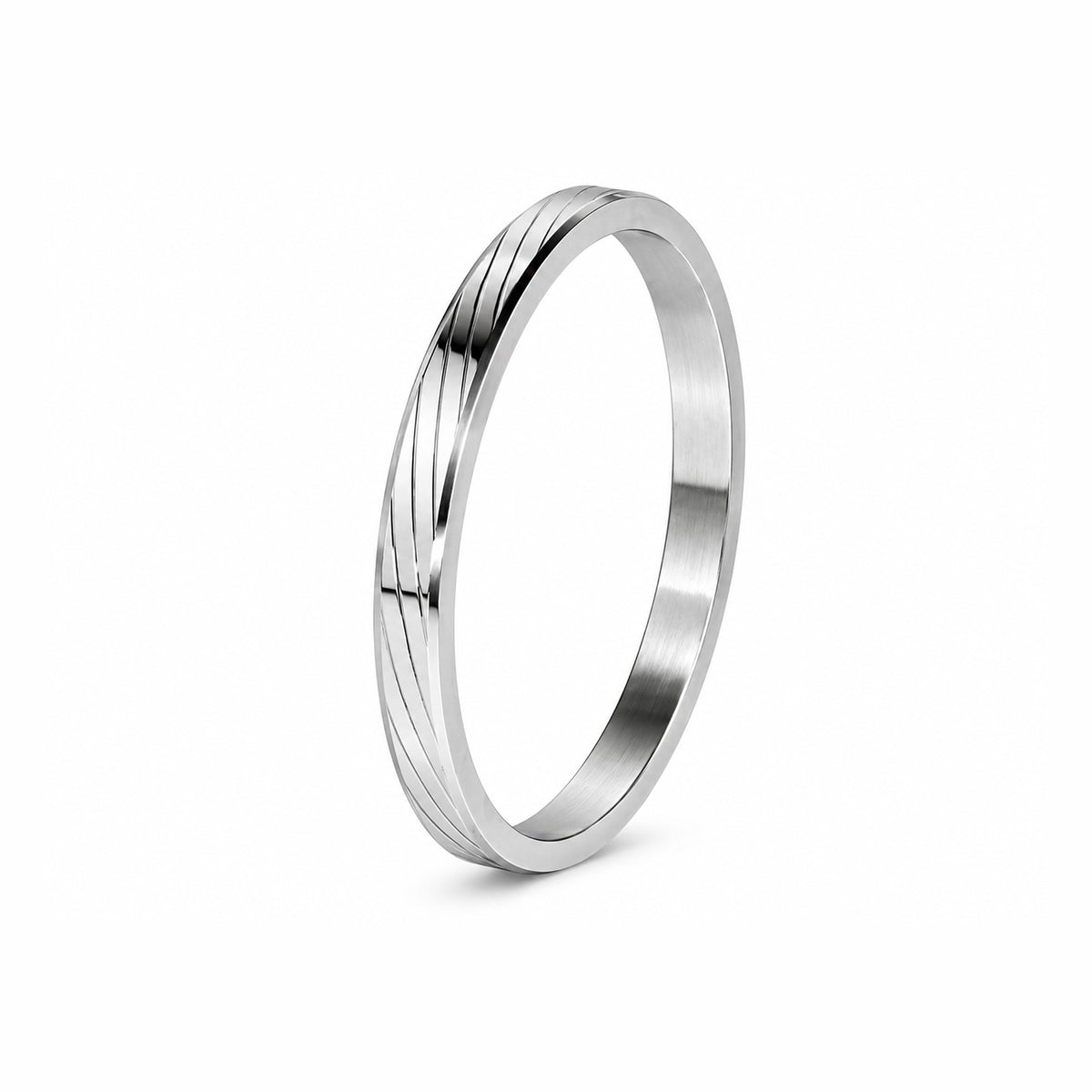 Men’s Silver-Toned Stainless Steel Kada Bracelet with Diagonal Line Design