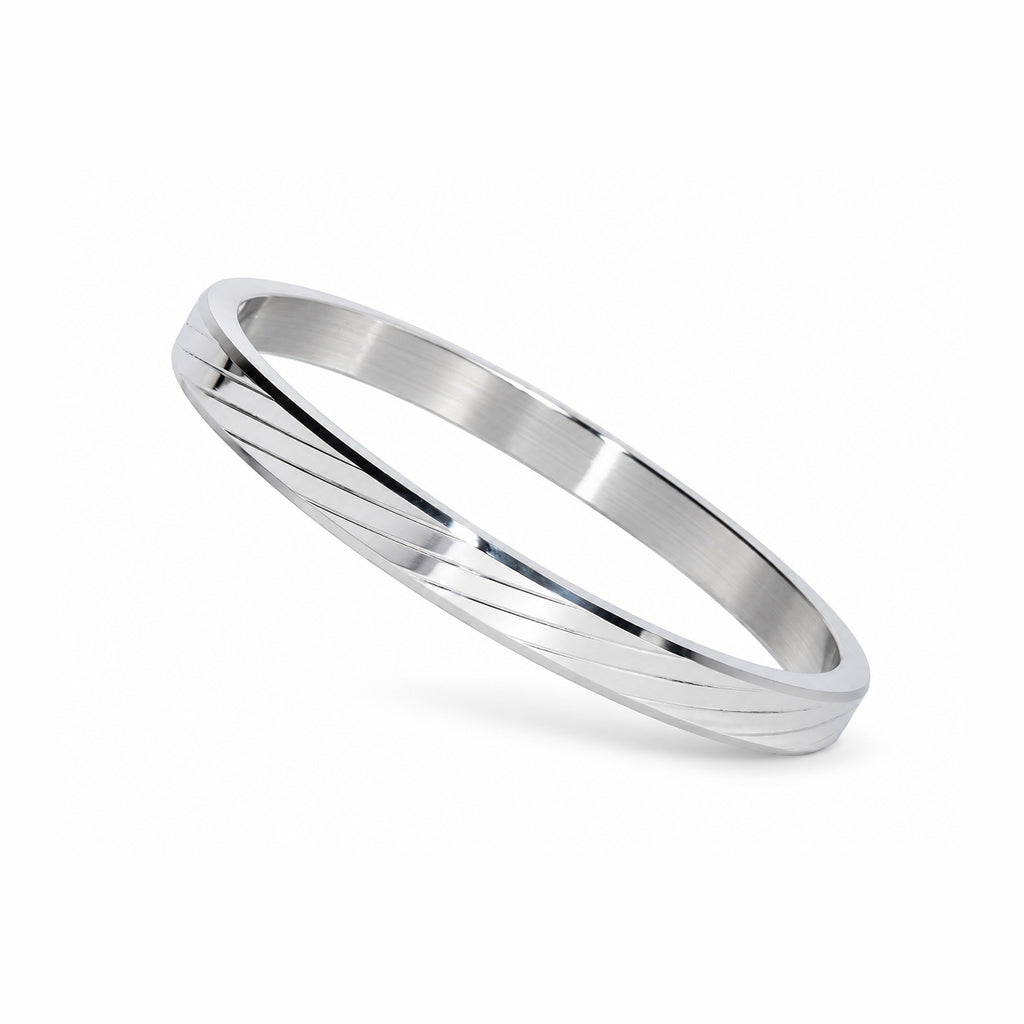 Men’s Silver-Toned Stainless Steel Kada Bracelet with Diagonal Line Design