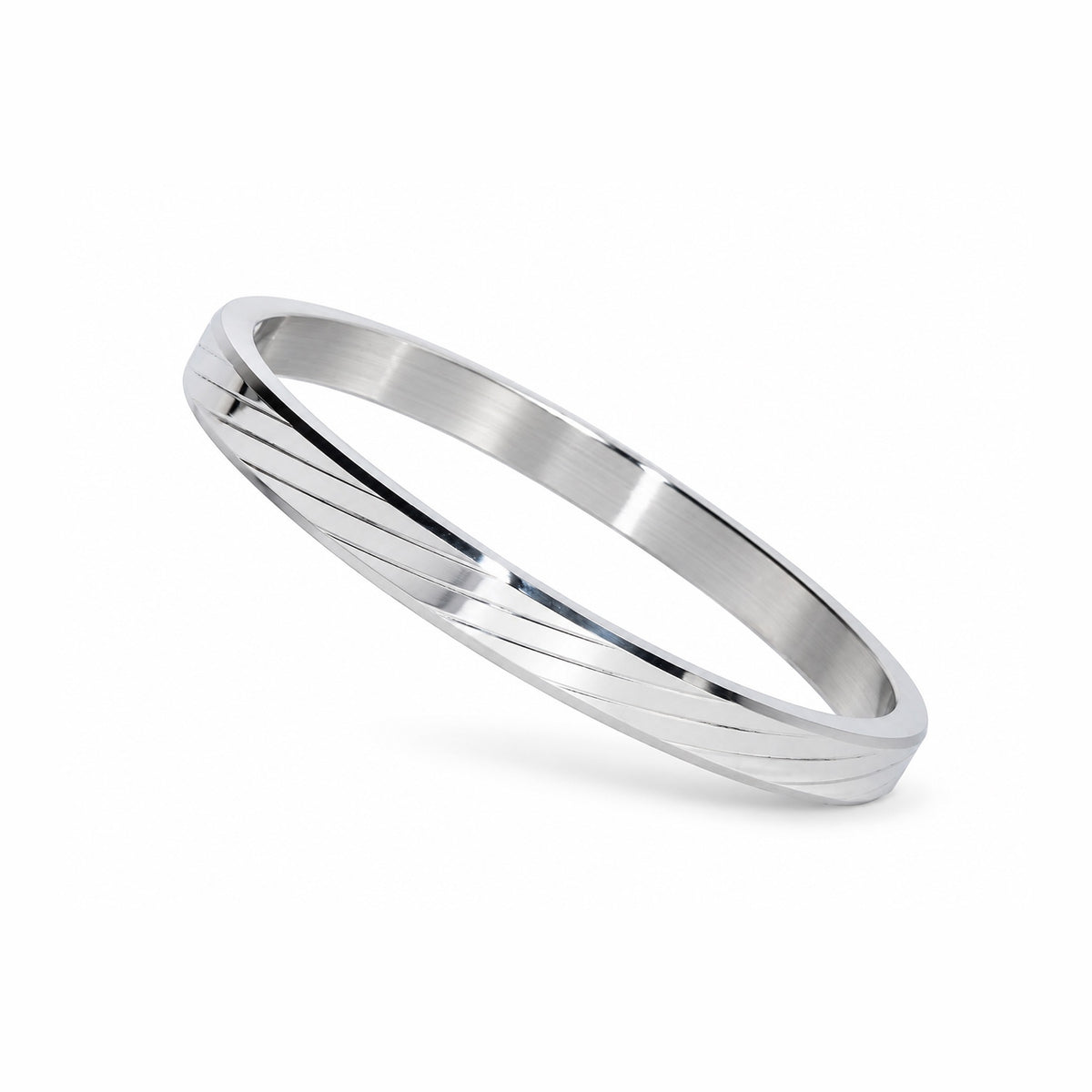 Men’s Silver-Toned Stainless Steel Kada Bracelet with Diagonal Line Design