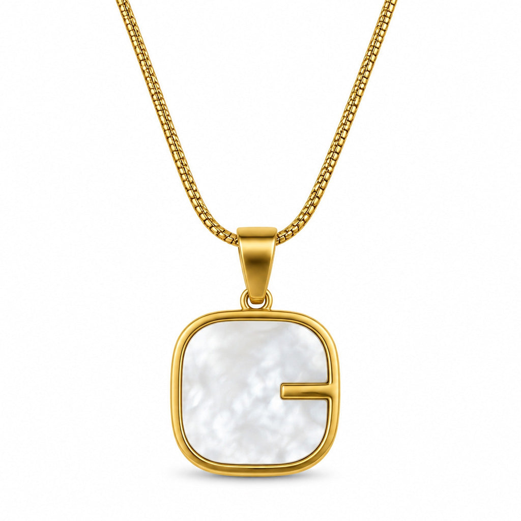 Gold-Toned Layered Chain Necklace with White Square Pendant for Women