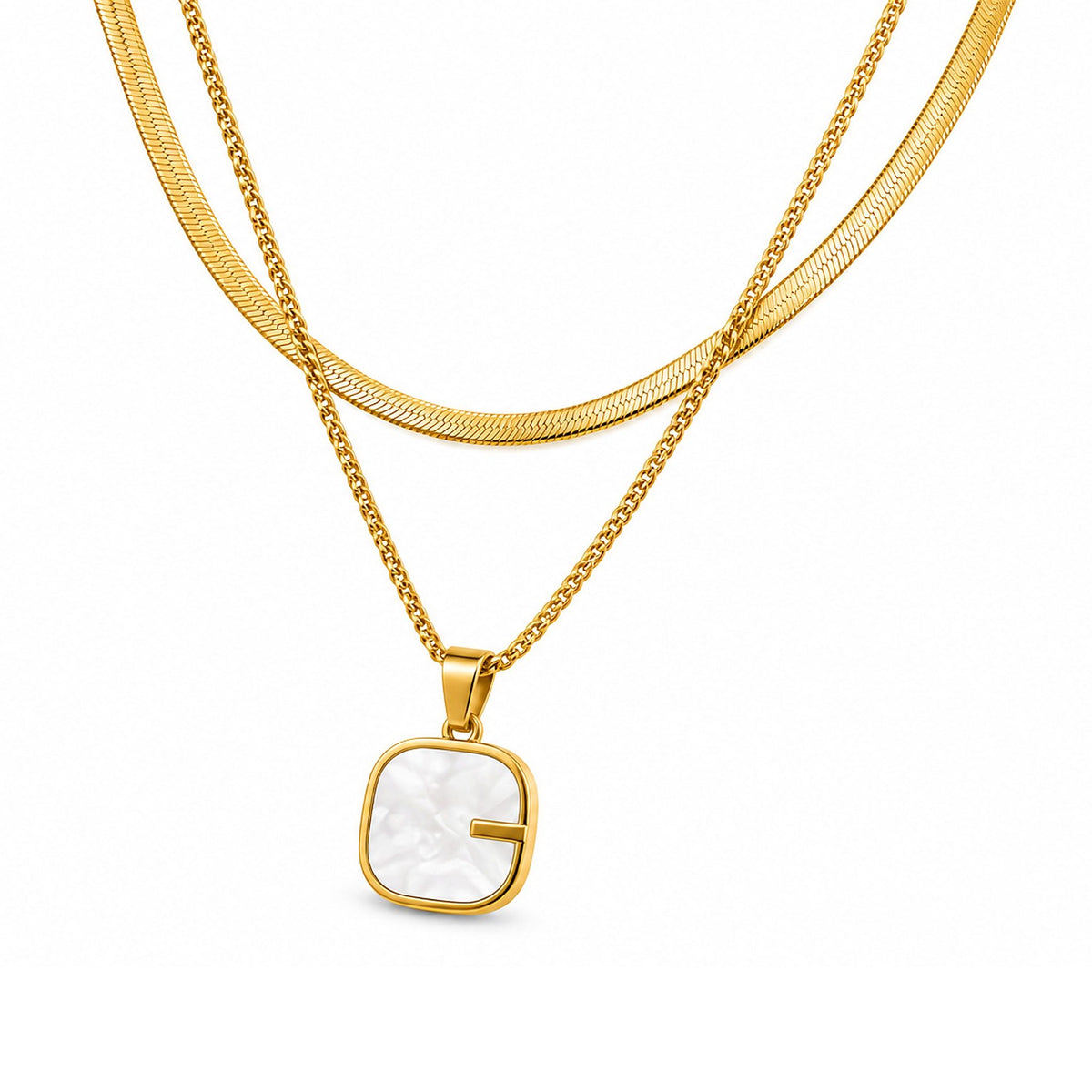 Gold-Toned Layered Chain Necklace with White Square Pendant for Women