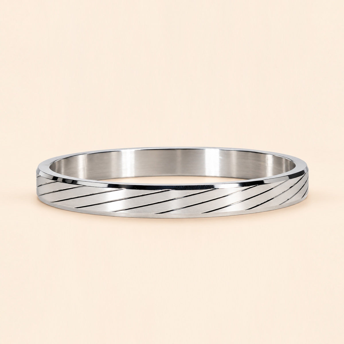 Men’s Silver-Toned Stainless Steel Kada Bracelet with Diagonal Line Design