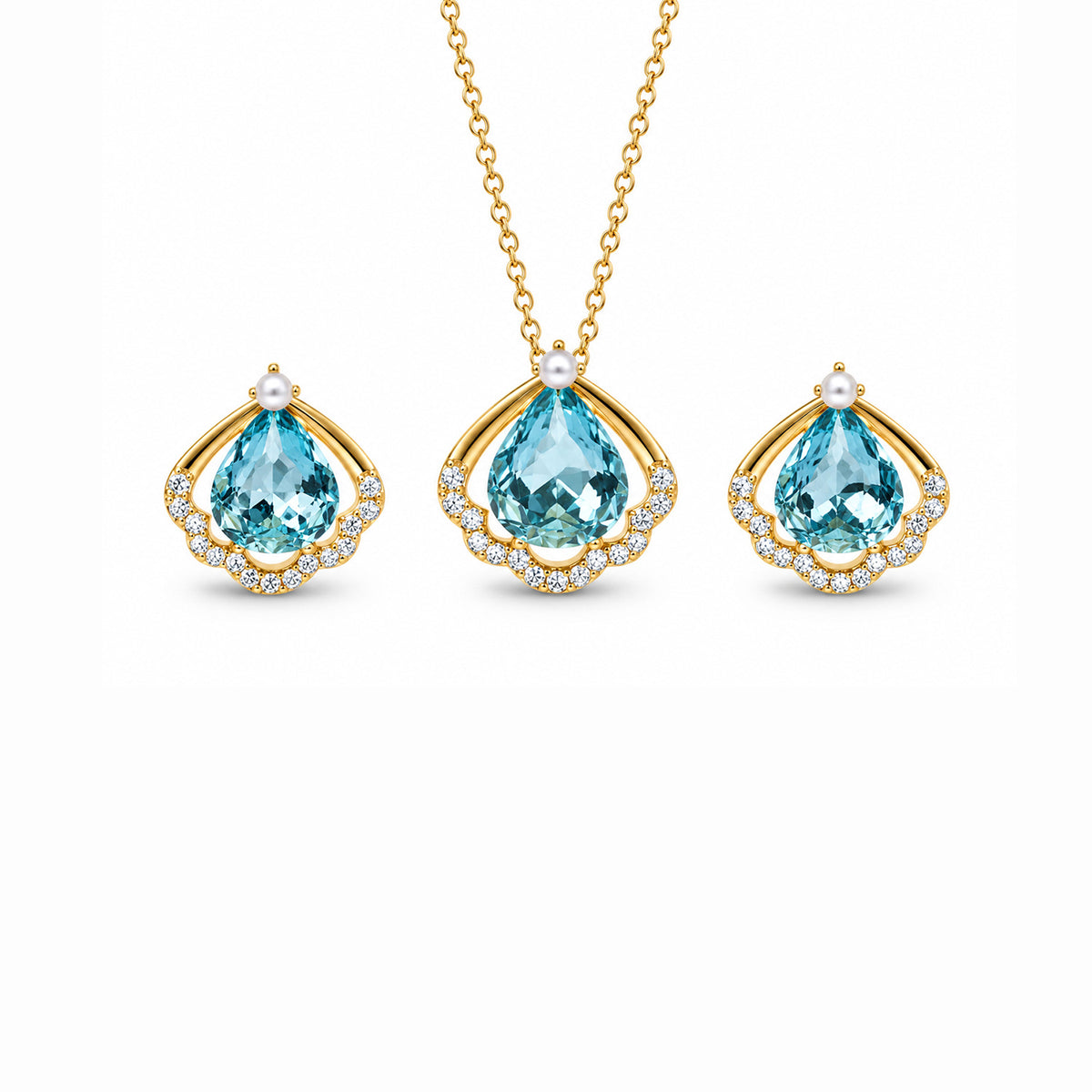 Women's Gold-Toned Blue Teardrop Stone-Studded Pendant Necklace & Earrings Jewellery Set