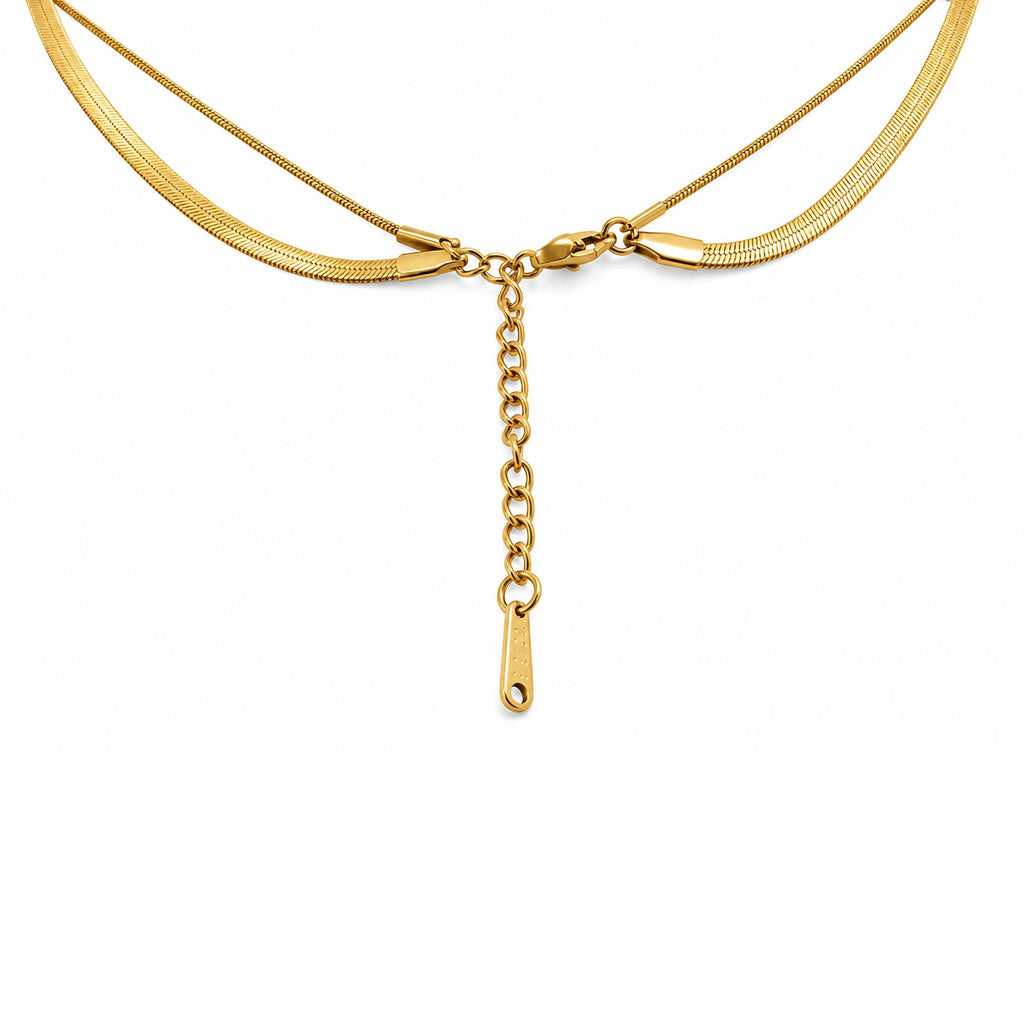 Gold-Toned Layered Chain Necklace with White Square Pendant for Women