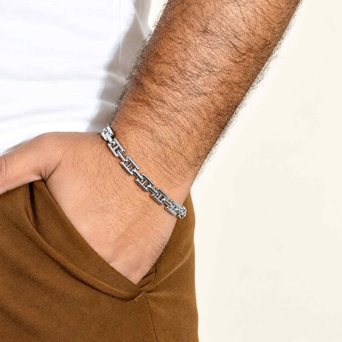 Men’s Silver-Toned Rectangular Link Chain Bracelet