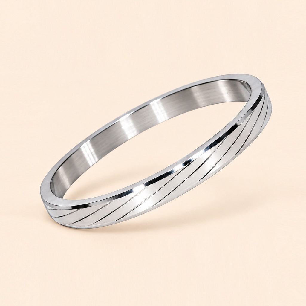 Men’s Silver-Toned Stainless Steel Kada Bracelet with Diagonal Line Design