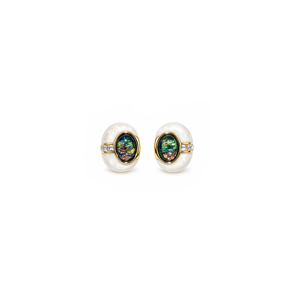 Women's Gold-Toned Multicoloured Oval Stone-Studded Pearl-Effect Statement Stud Earrings