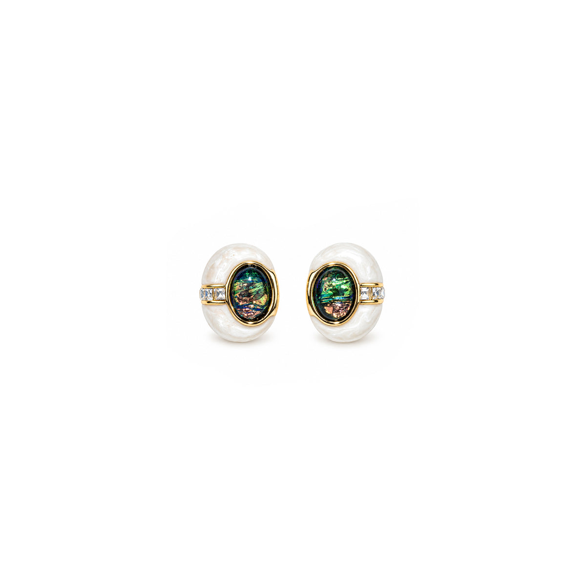 Women's Gold-Toned Multicoloured Oval Stone-Studded Pearl-Effect Statement Stud Earrings