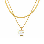 Gold-Toned Layered Chain Necklace with White Square Pendant for Women