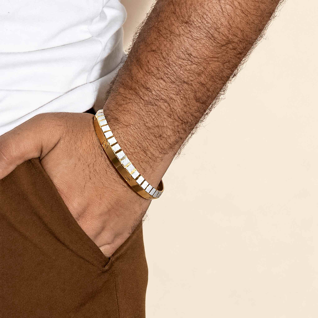 Men’s Gold & Silver Dual-Tone Striped Textured Kada Bracelet