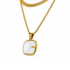 Gold-Toned Layered Chain Necklace with White Square Pendant for Women
