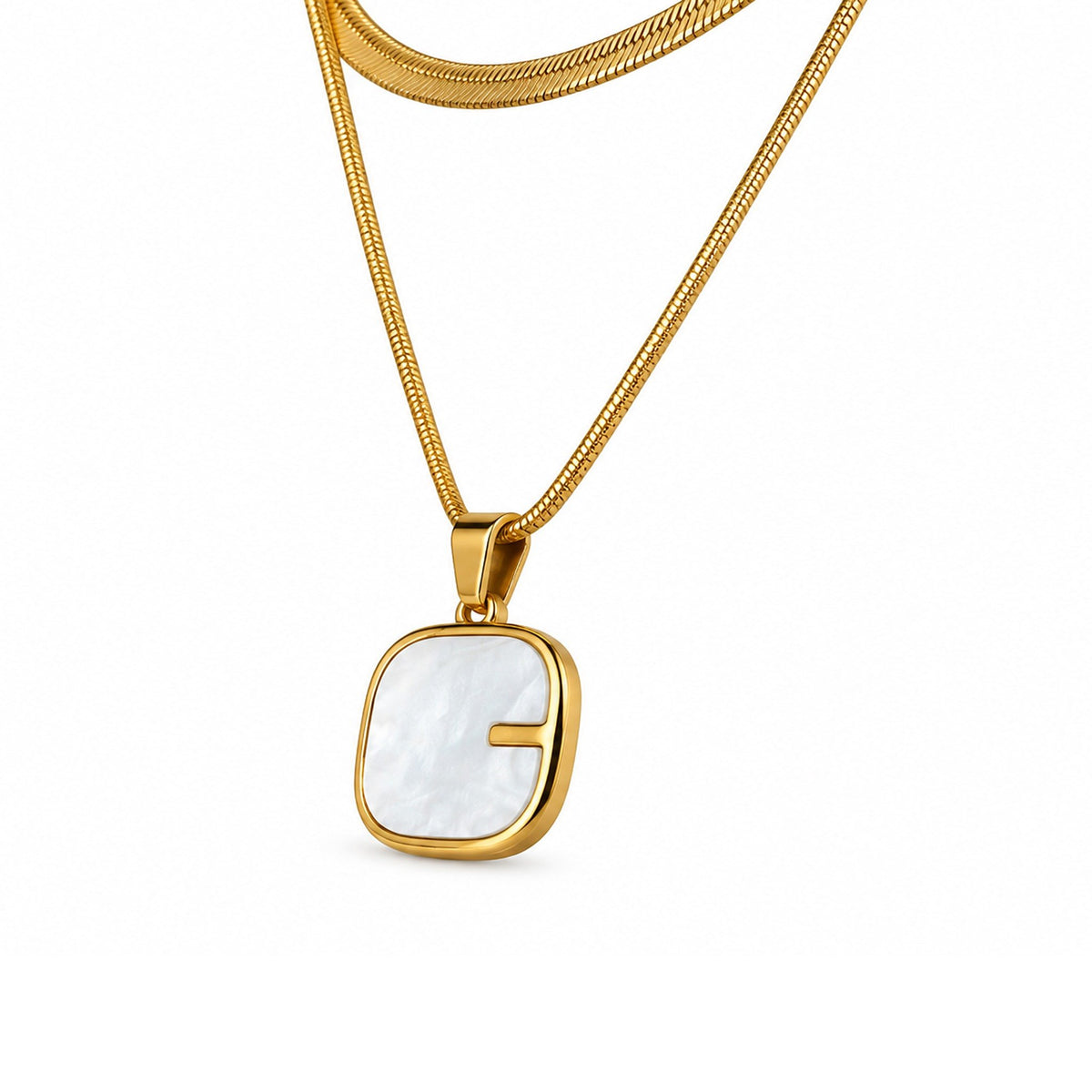 Gold-Toned Layered Chain Necklace with White Square Pendant for Women