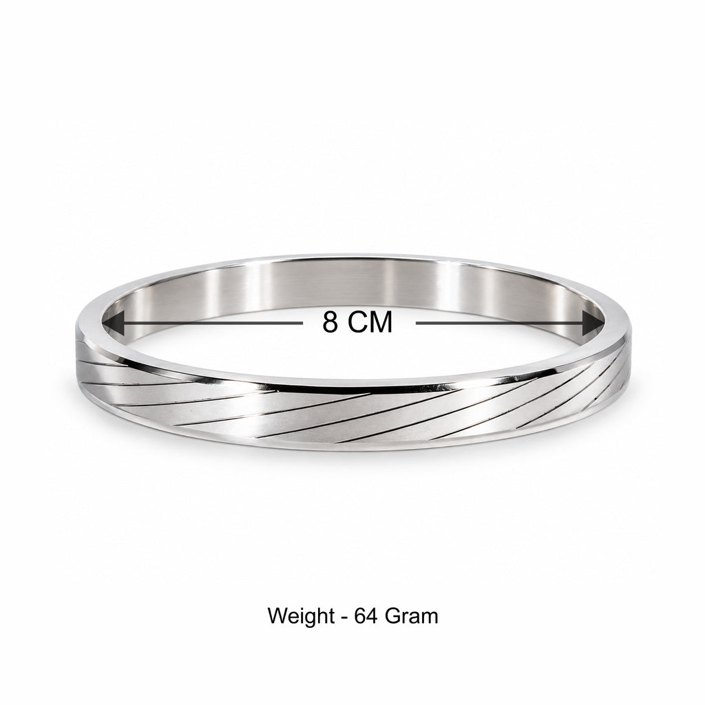 Men’s Silver-Toned Stainless Steel Kada Bracelet with Diagonal Line Design