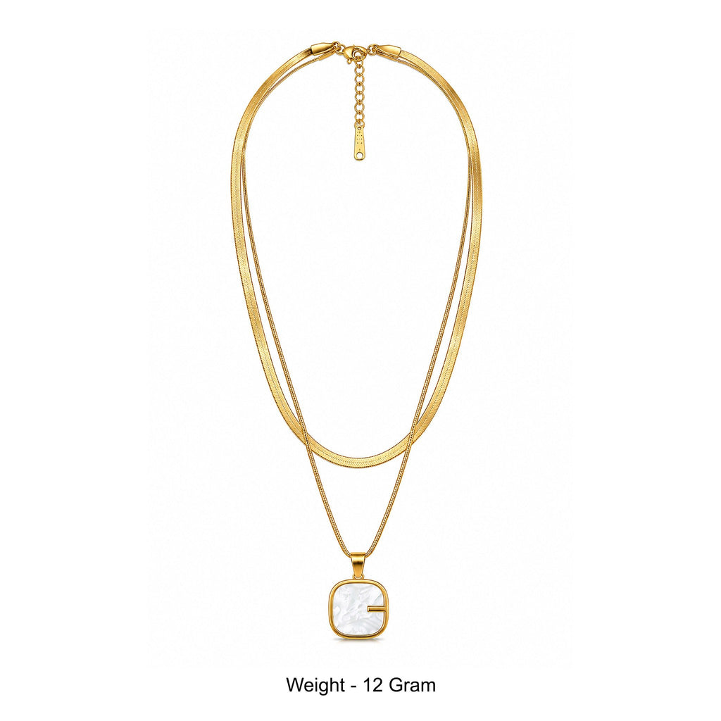 Gold-Toned Layered Chain Necklace with White Square Pendant for Women