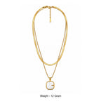 Gold-Toned Layered Chain Necklace with White Square Pendant for Women