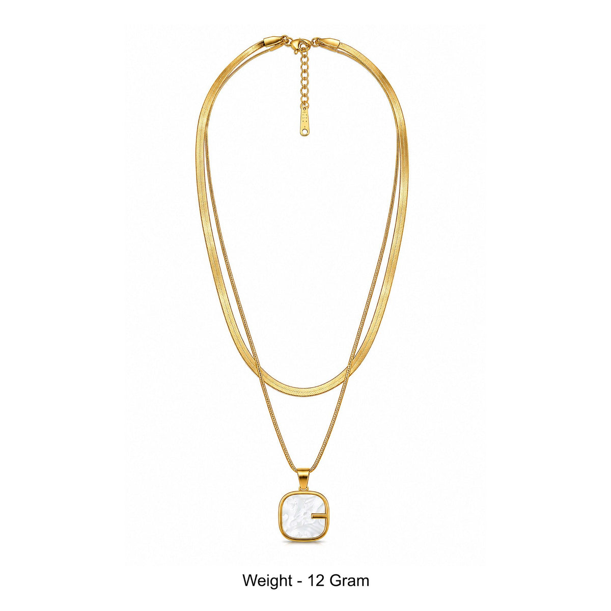 Gold-Toned Layered Chain Necklace with White Square Pendant for Women