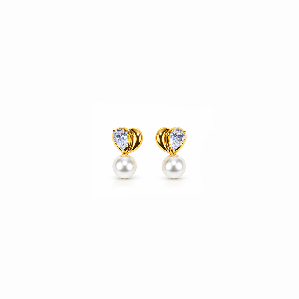 Women's Gold-Toned Crystal Studded Heart-Shaped Pearl Drop Earrings
