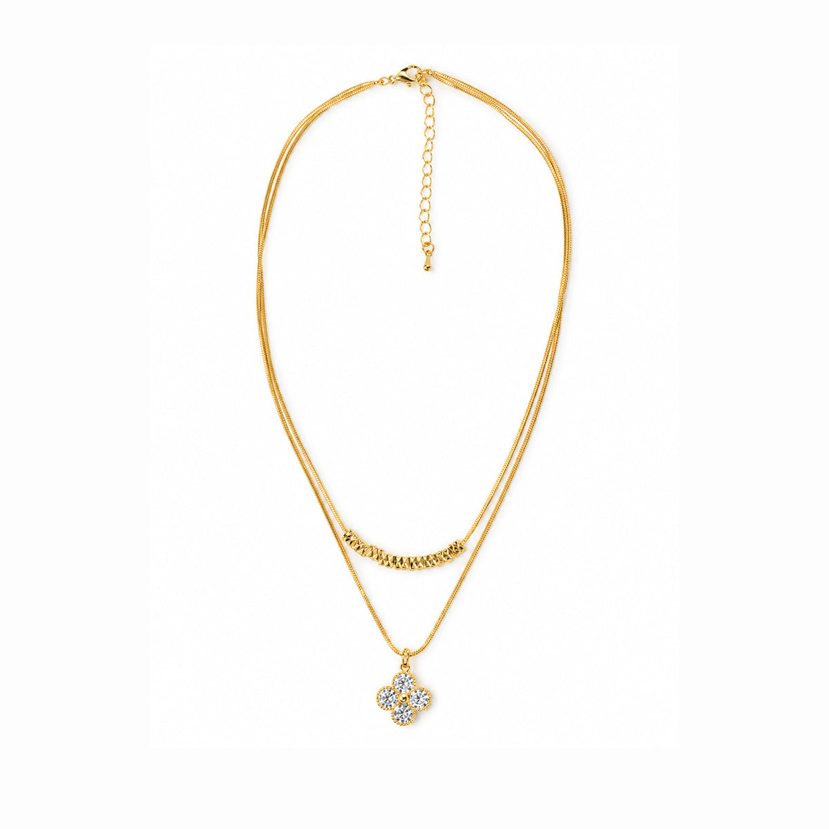 Women's Gold-Toned Double-Layered White Stone-Studded Floral Pendant Necklace