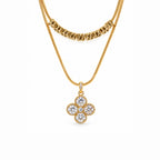 Women's Gold-Toned Double-Layered White Stone-Studded Floral Pendant Necklace