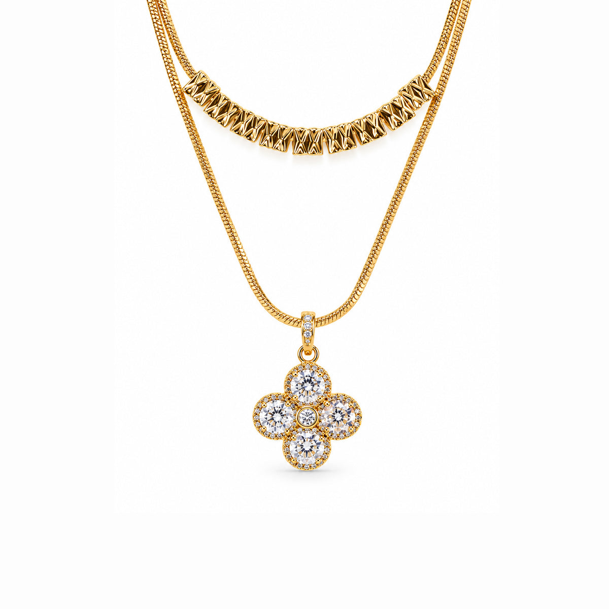 Women's Gold-Toned Double-Layered White Stone-Studded Floral Pendant Necklace