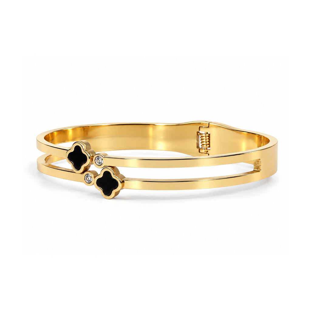 Women’s Gold-Toned Double-Layer Black Clover Charm Kada Bracelet