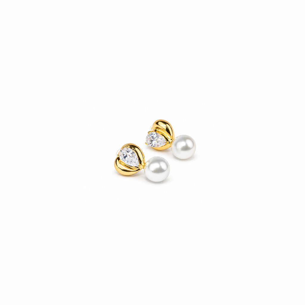 Women's Gold-Toned Crystal Studded Heart-Shaped Pearl Drop Earrings
