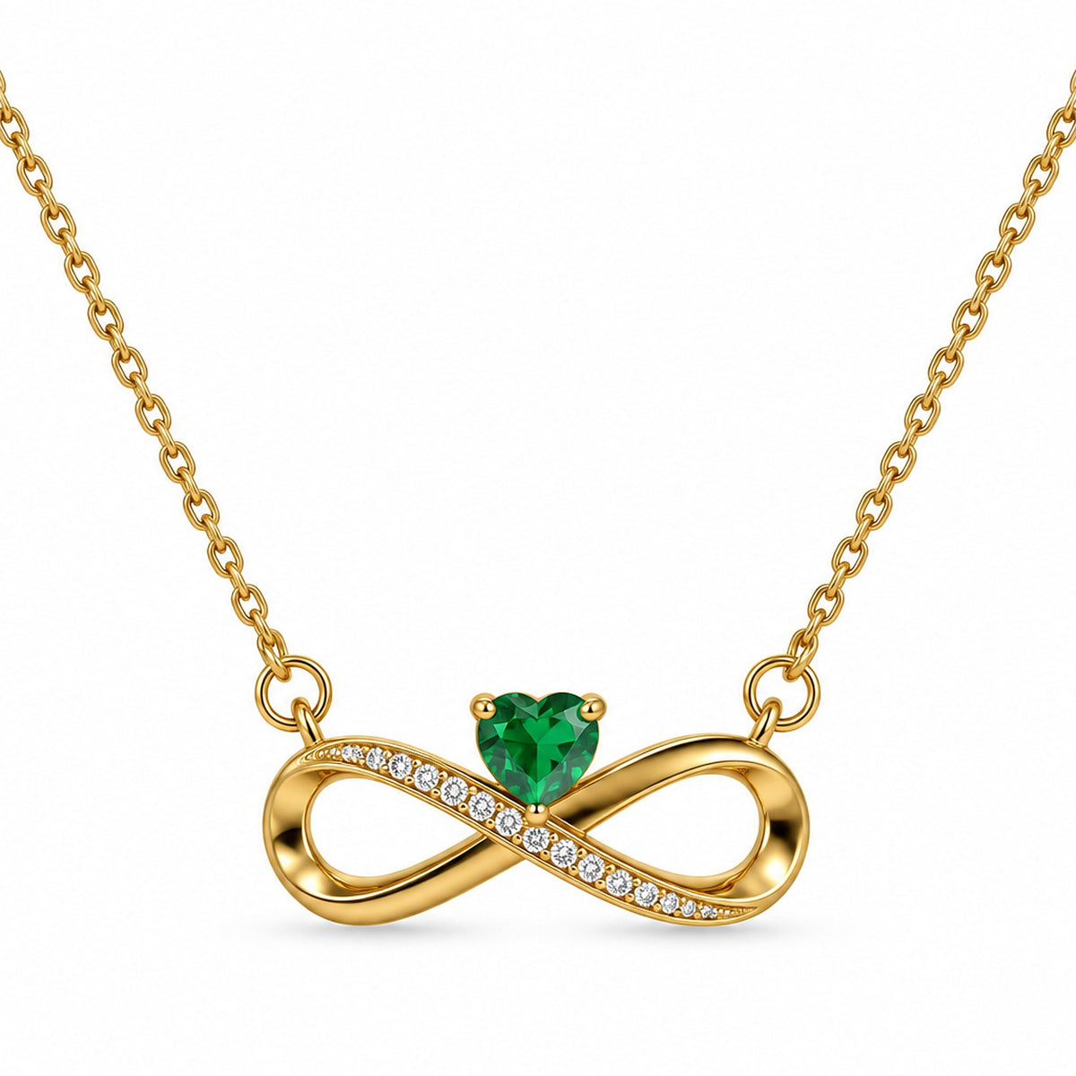 Gold-Toned Infinity Pendant Necklace with Green Heart Stone for Women