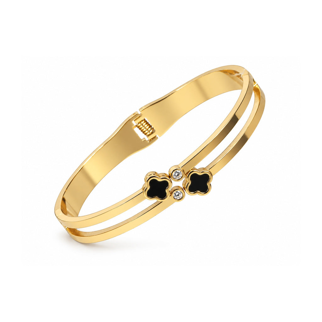 Women’s Gold-Toned Double-Layer Black Clover Charm Kada Bracelet