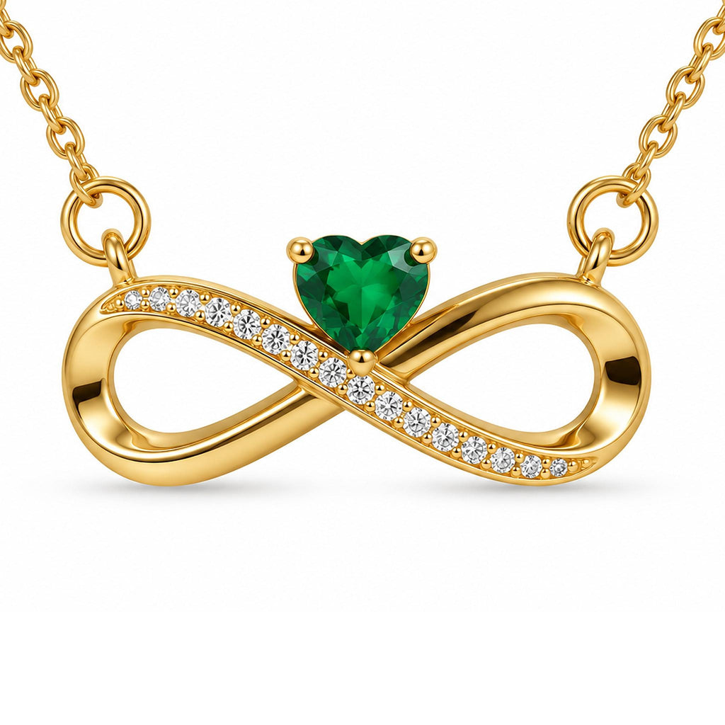 Gold-Toned Infinity Pendant Necklace with Green Heart Stone for Women