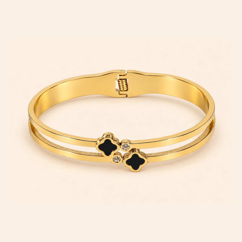 Women’s Gold-Toned Double-Layer Black Clover Charm Kada Bracelet