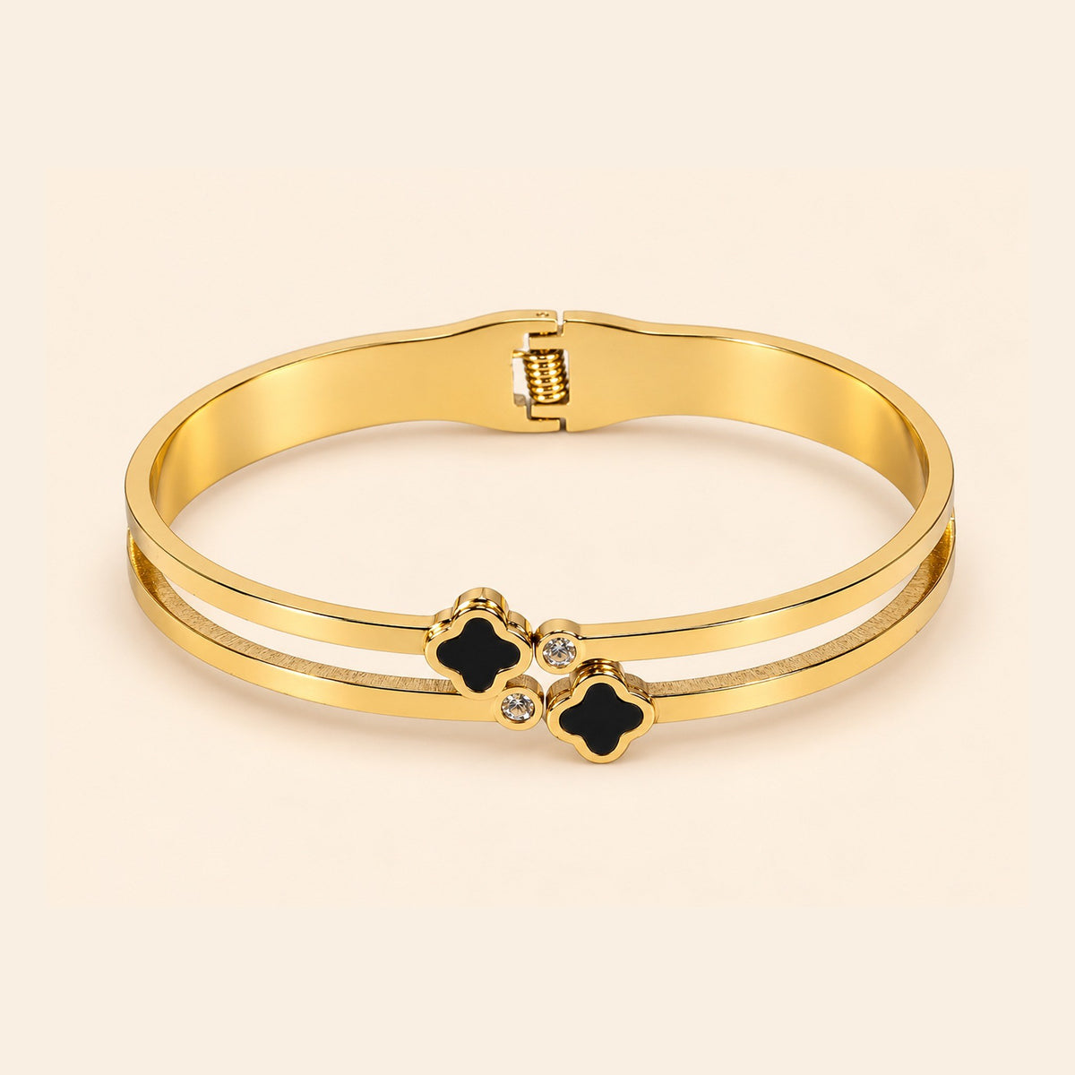Women’s Gold-Toned Double-Layer Black Clover Charm Kada Bracelet