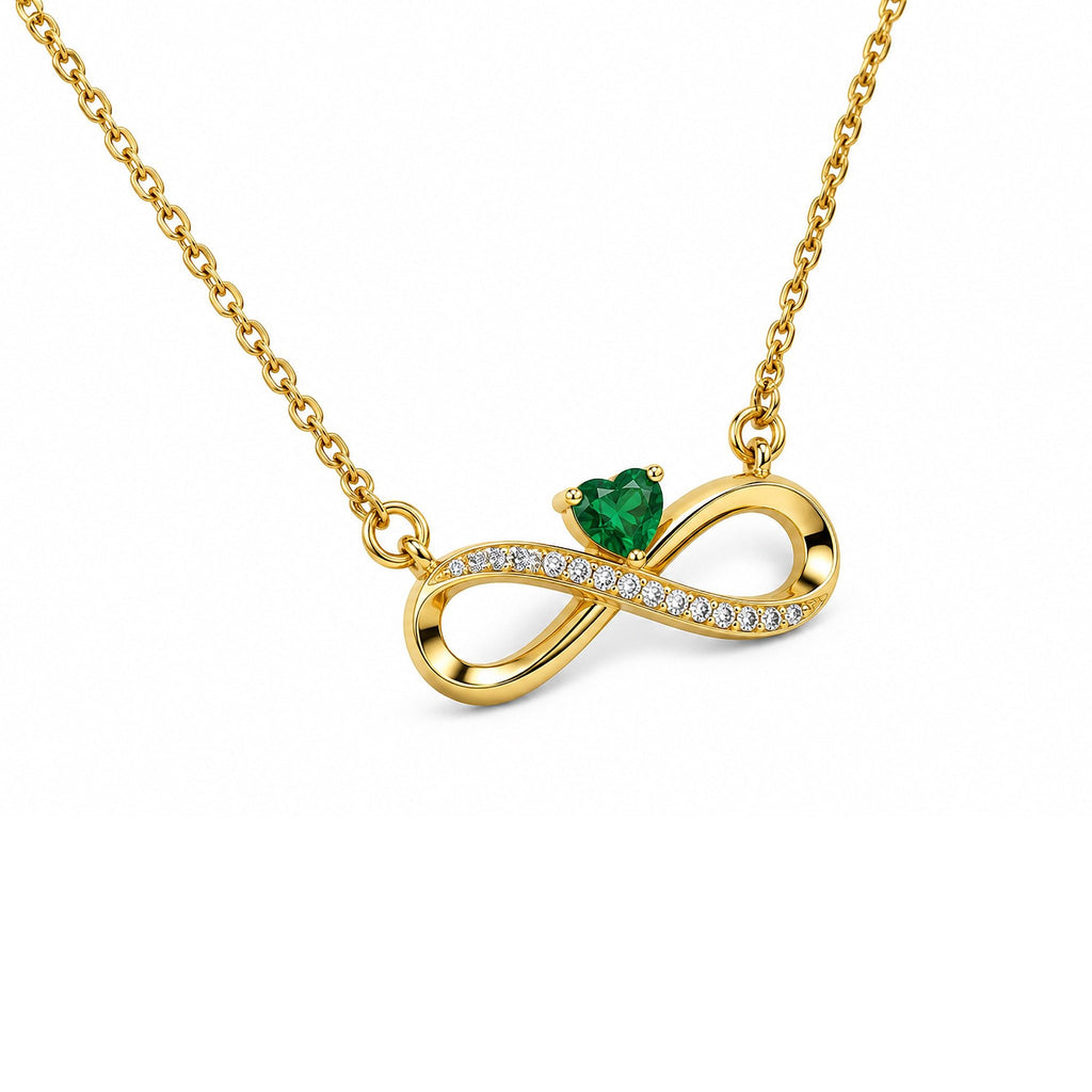 Gold-Toned Infinity Pendant Necklace with Green Heart Stone for Women