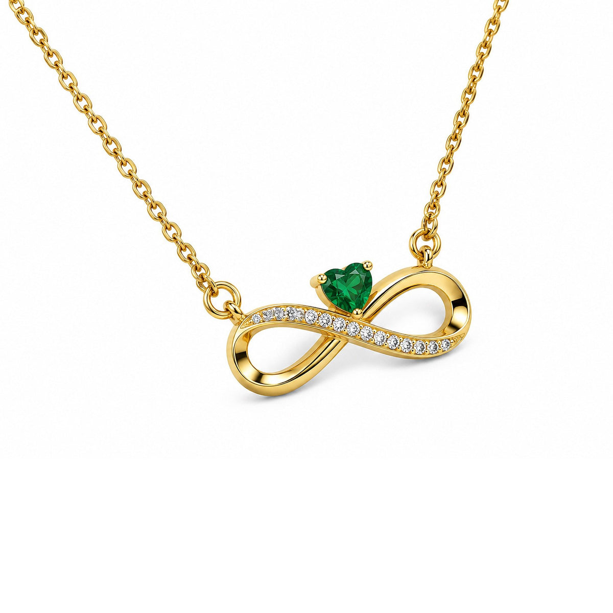 Gold-Toned Infinity Pendant Necklace with Green Heart Stone for Women