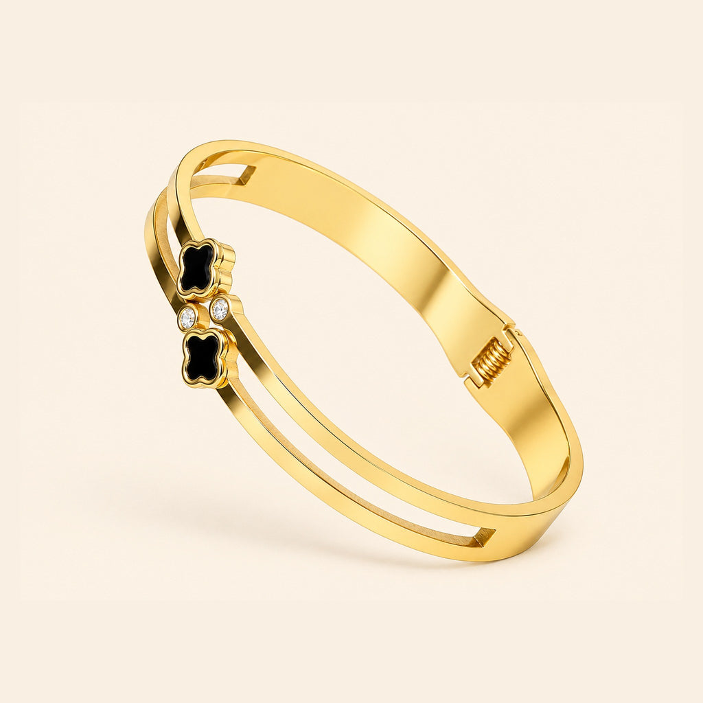 Women’s Gold-Toned Double-Layer Black Clover Charm Kada Bracelet