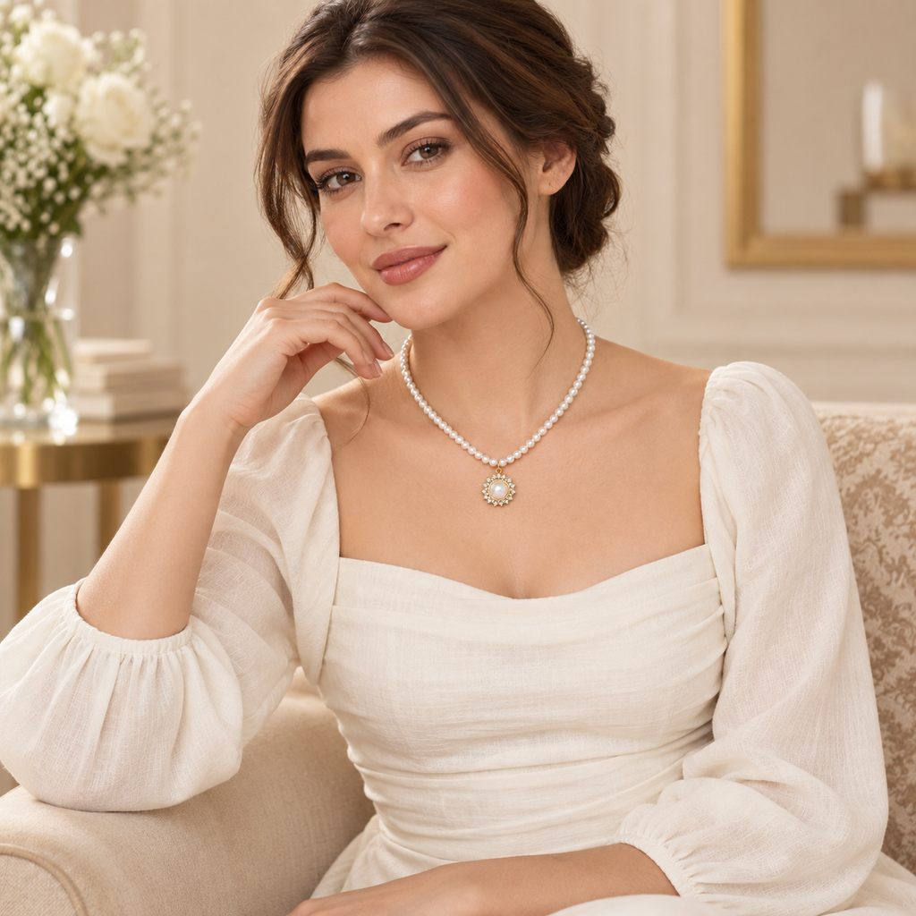 Classic Pearl Strand Necklace with Crystal Halo Pendant