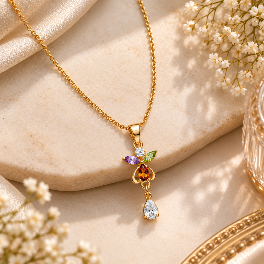 Multicolor Crystal Floral Drop Gold-Tone Pendant Necklace