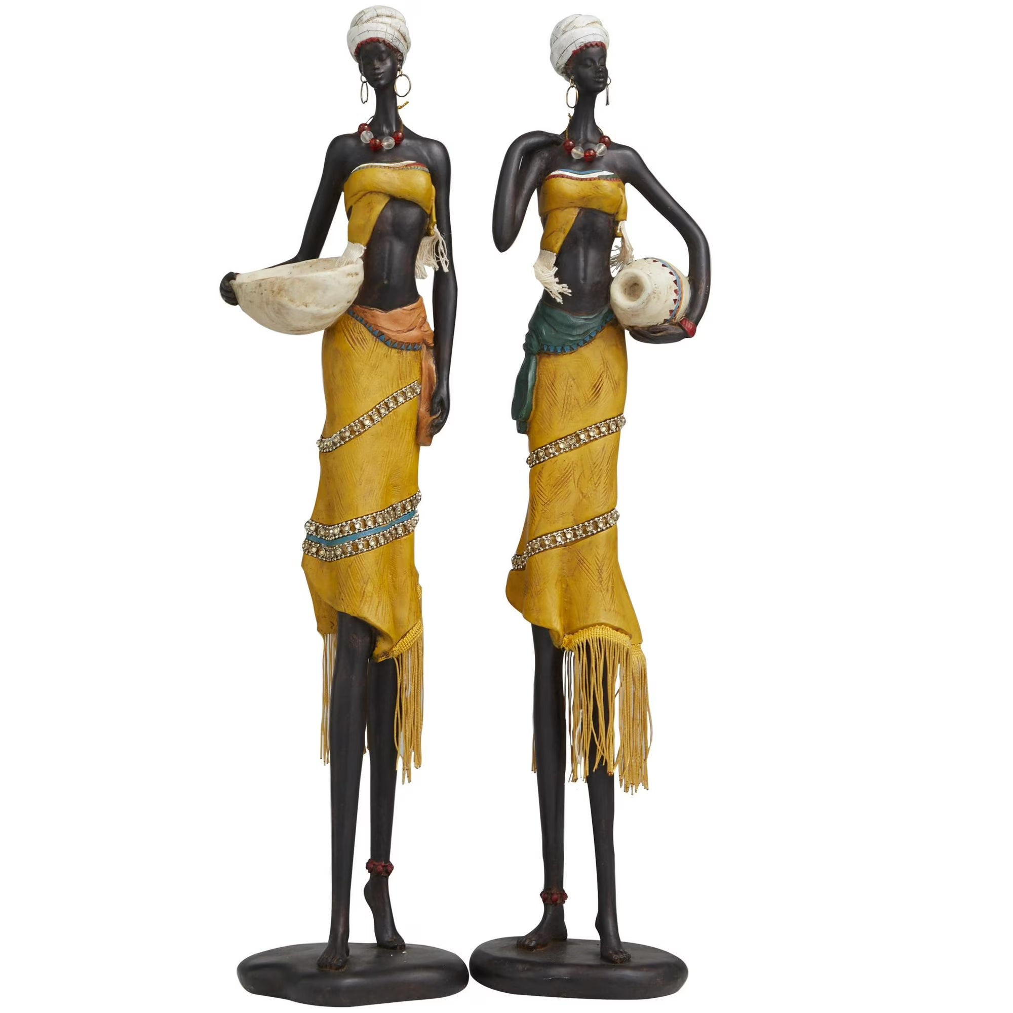 Yellow Polyresin Handmade African Woman Sculpture with Water Jugs and Jeweled Details, by DecMode