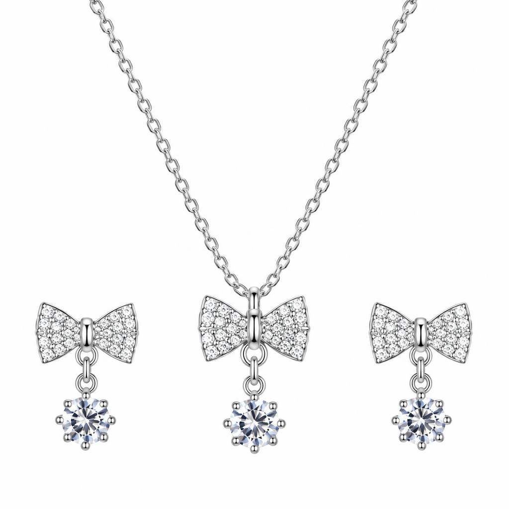 Silver Bow Pendant Necklace Set for women