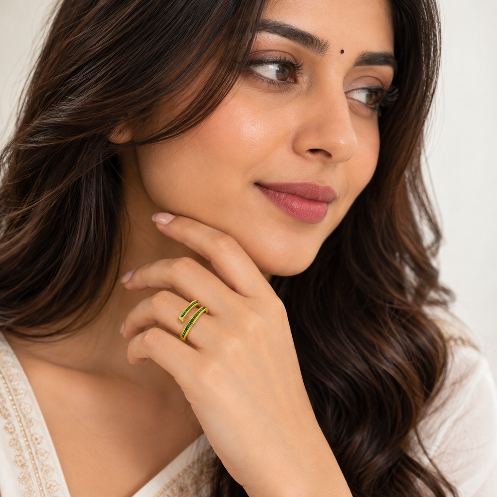 Gold-Plated Open Ring with Green Cubic Zirconia Stones