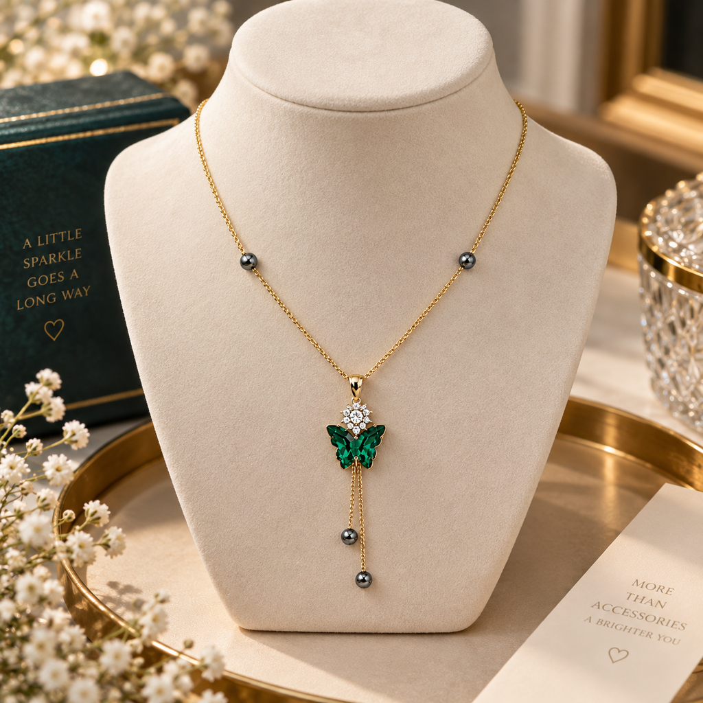Emerald Butterfly Drop Gold Necklace for women