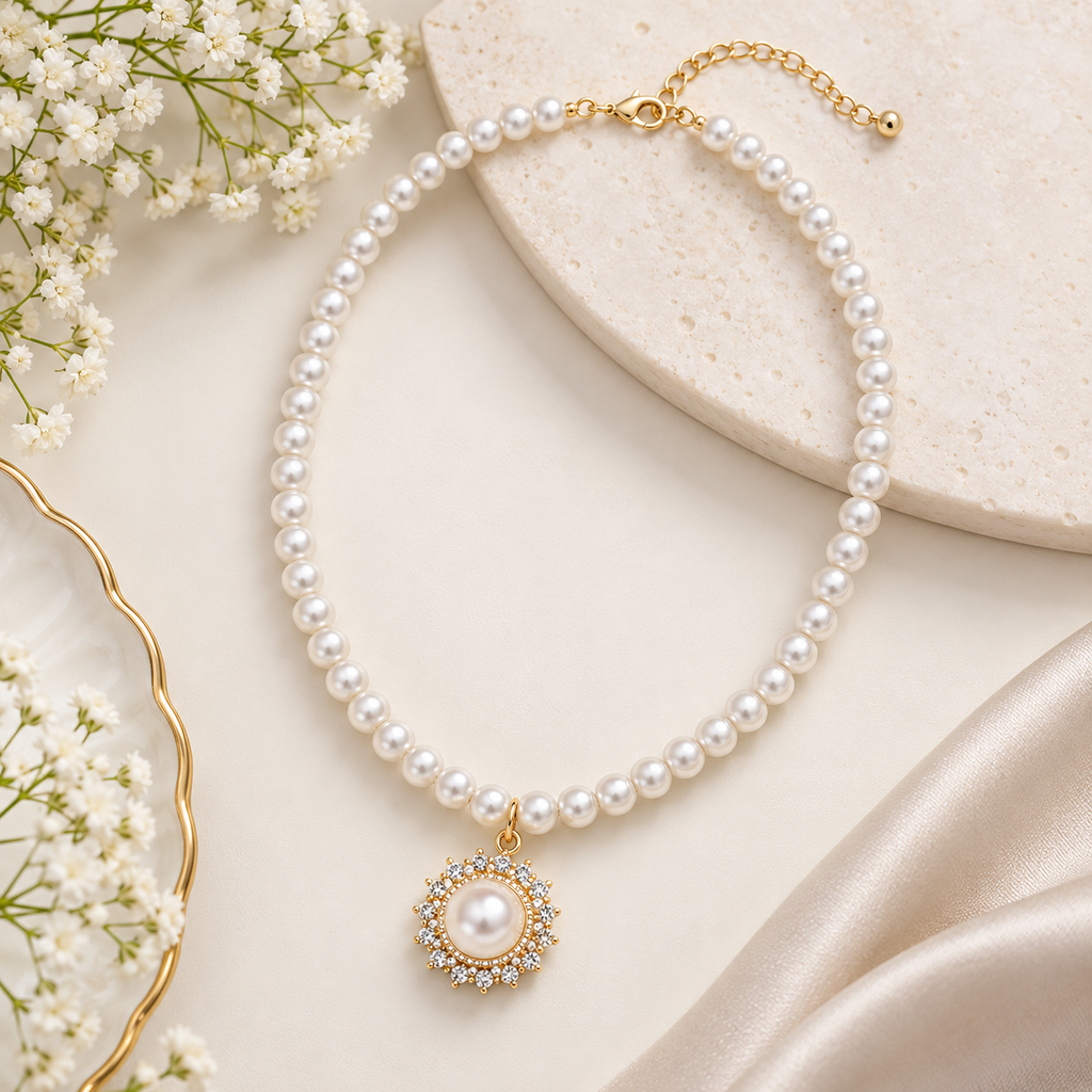 Classic Pearl Strand Necklace with Crystal Halo Pendant